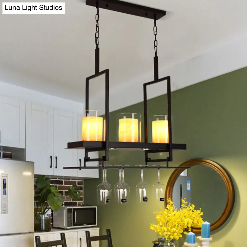 DecorBites™ Traditional Black Marble Pendant Light with Metal Wine Glass Rack - 3/5 Heads Cylinder Island Fixture
