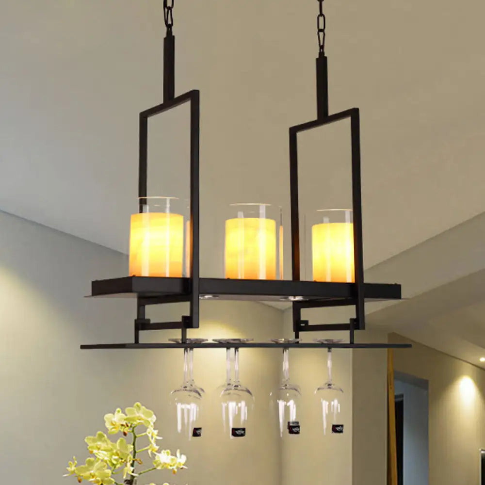 DecorBites™ Traditional Black Marble Pendant Light with Metal Wine Glass Rack - 3/5 Heads Cylinder Island Fixture