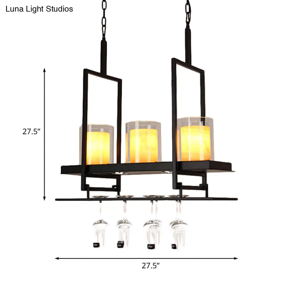DecorBites™ Traditional Black Marble Pendant Light with Metal Wine Glass Rack - 3/5 Heads Cylinder Island Fixture