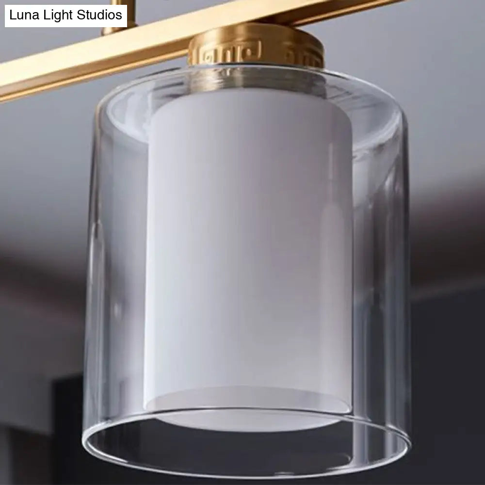 DecorBites™ Traditional Brass 3-Light Island Lamp with Clear and Frosted Glass Cylindrical Suspension