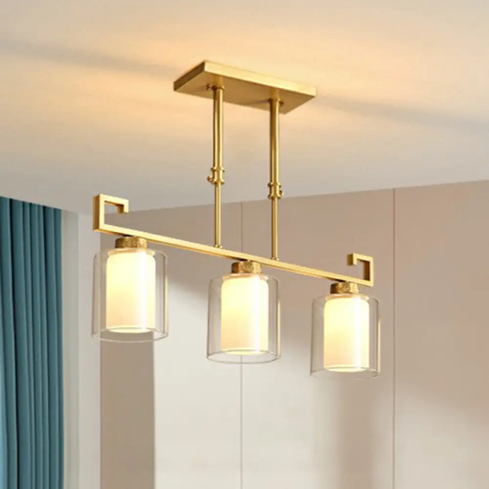 DecorBites™ Traditional Brass 3-Light Island Lamp with Clear and Frosted Glass Cylindrical Suspension