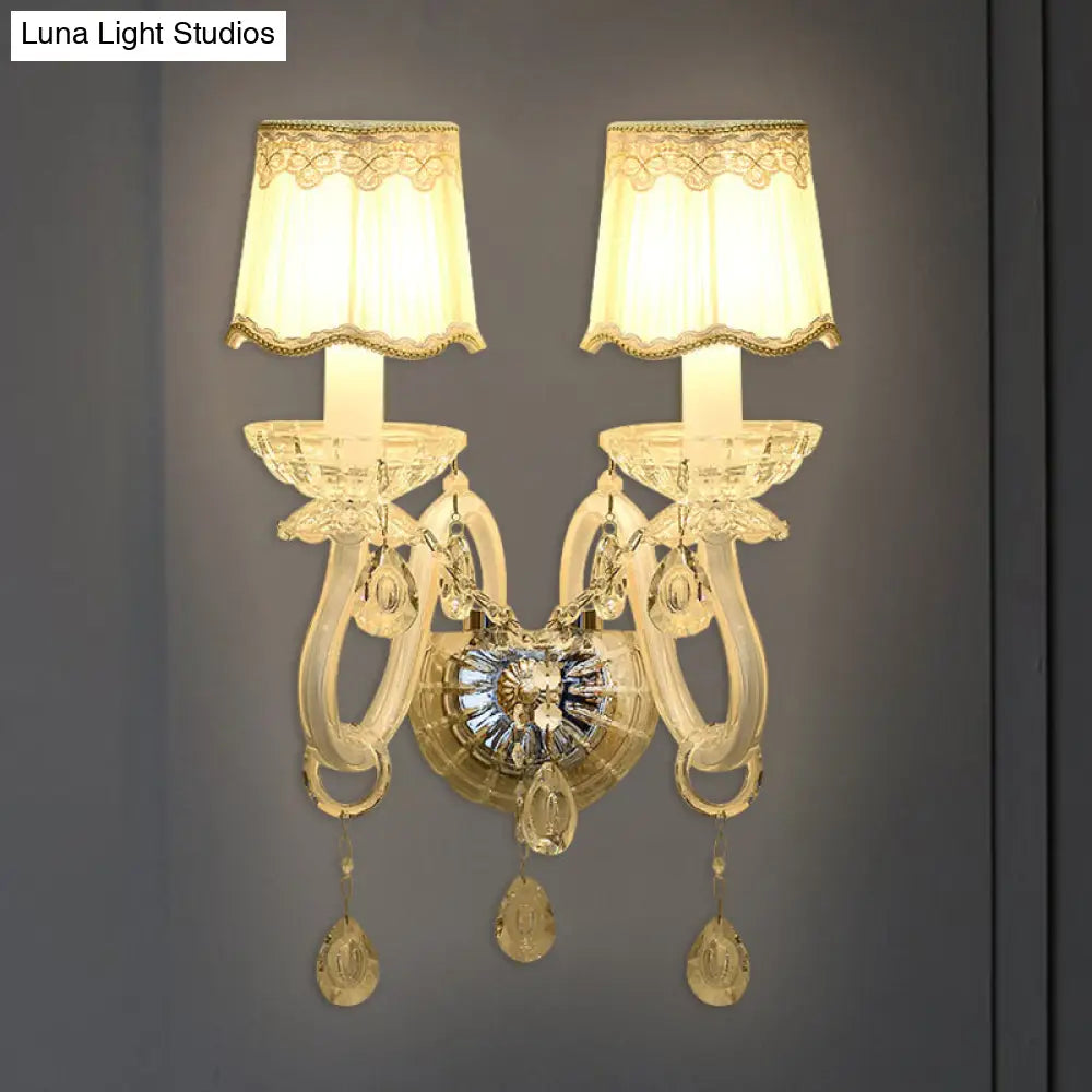 DecorBites™ Traditional White Candle Wall Lamp with Clear Crystal Accent and Scalloped Fabric Shade