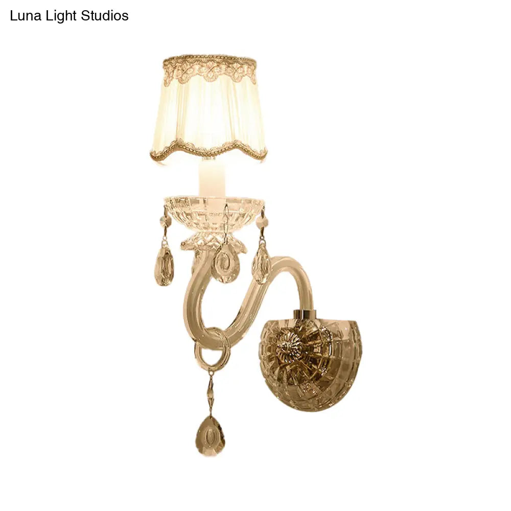 DecorBites™ Traditional White Candle Wall Lamp with Clear Crystal Accent and Scalloped Fabric Shade