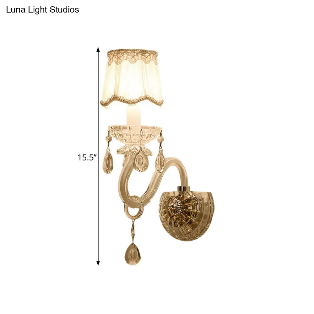 DecorBites™ Traditional White Candle Wall Lamp with Clear Crystal Accent and Scalloped Fabric Shade