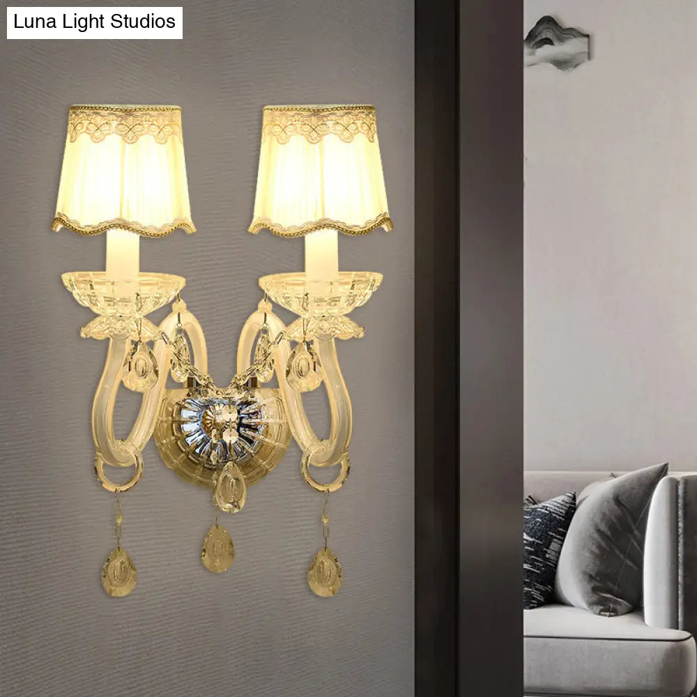 DecorBites™ Traditional White Candle Wall Lamp with Clear Crystal Accent and Scalloped Fabric Shade
