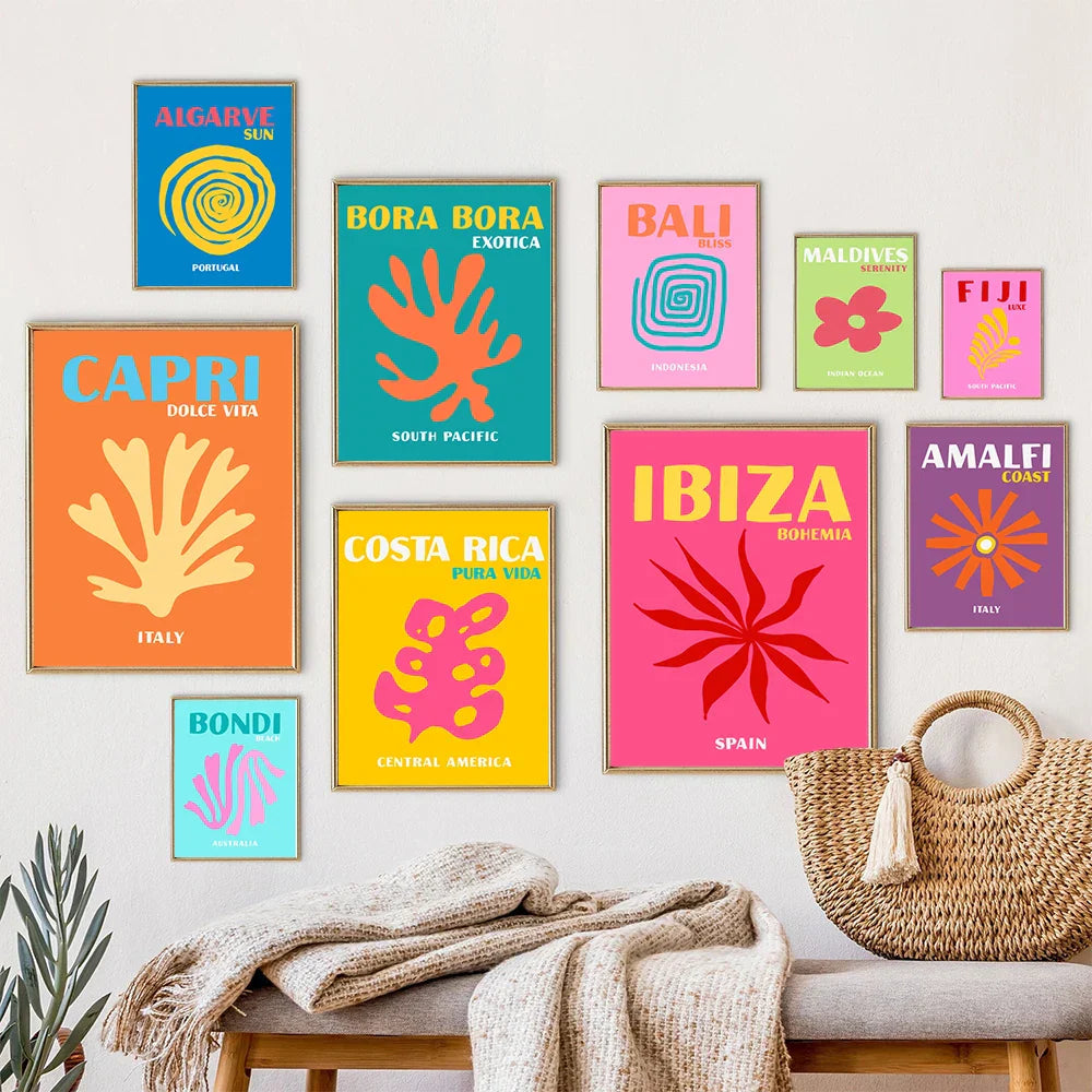 DecorBites™ Travel Posters Set: Miami, Bondi, Ibiza, Mykonos