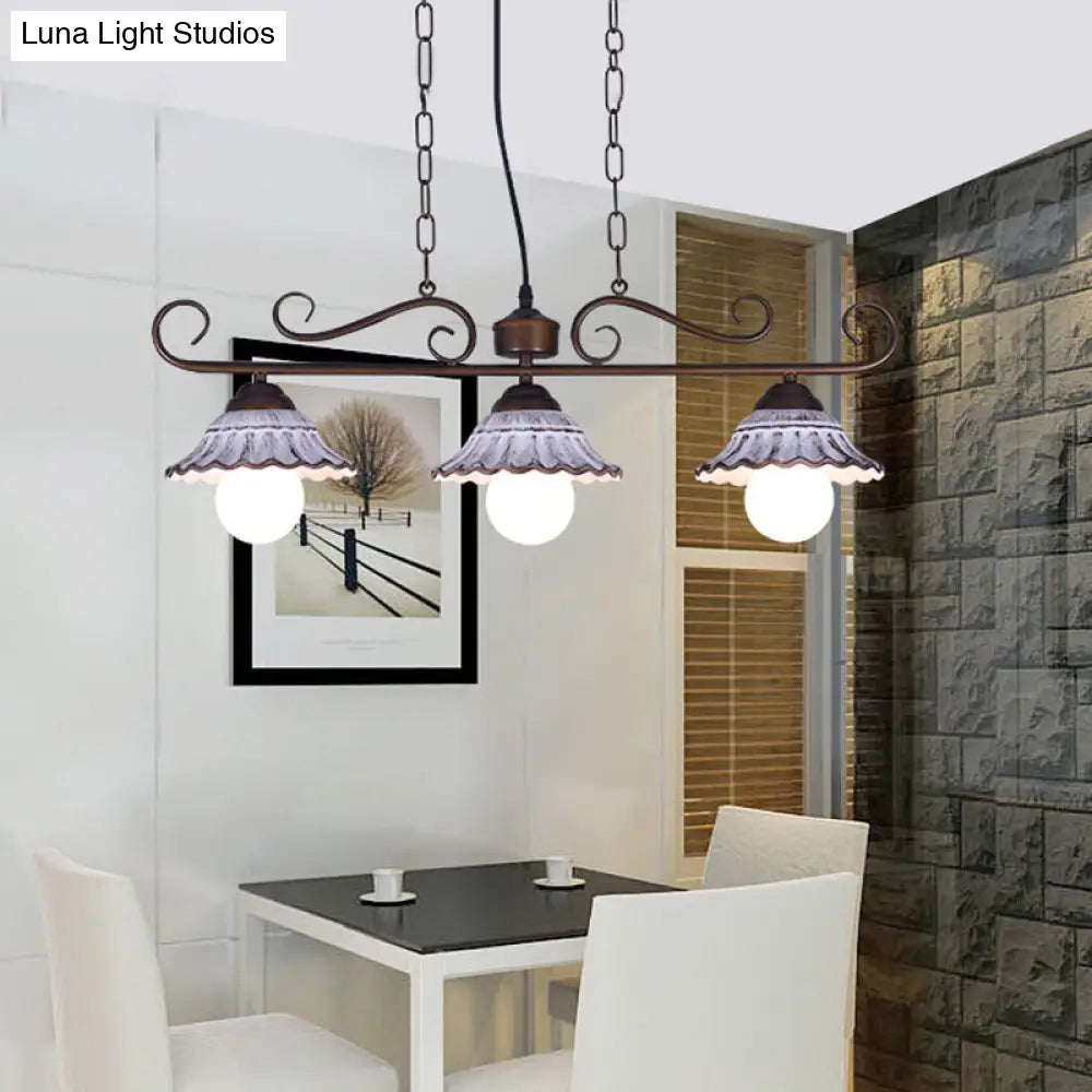 DecorBites™ Twisting Island Pendant Lamp: 3-Light Coffee Metal Hanging Light with Scalloped Bell Ceramics Shade - Korean Style