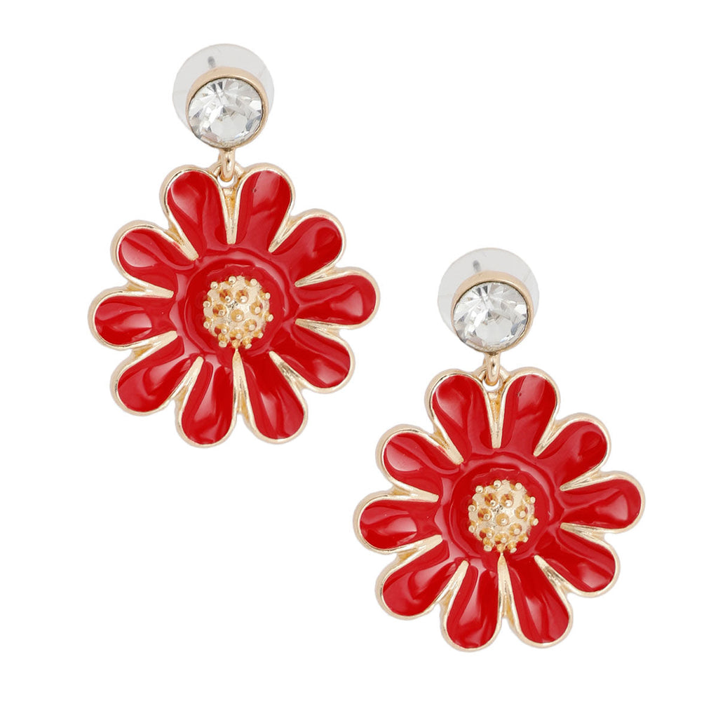 Statement Red Metal Daisy Earrings Stylish Fashion Jewelry Accessories