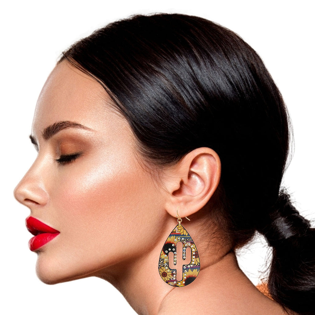 Teardrop Earrings with Sunflower Cactus Design – Trendy Statement Jewelry