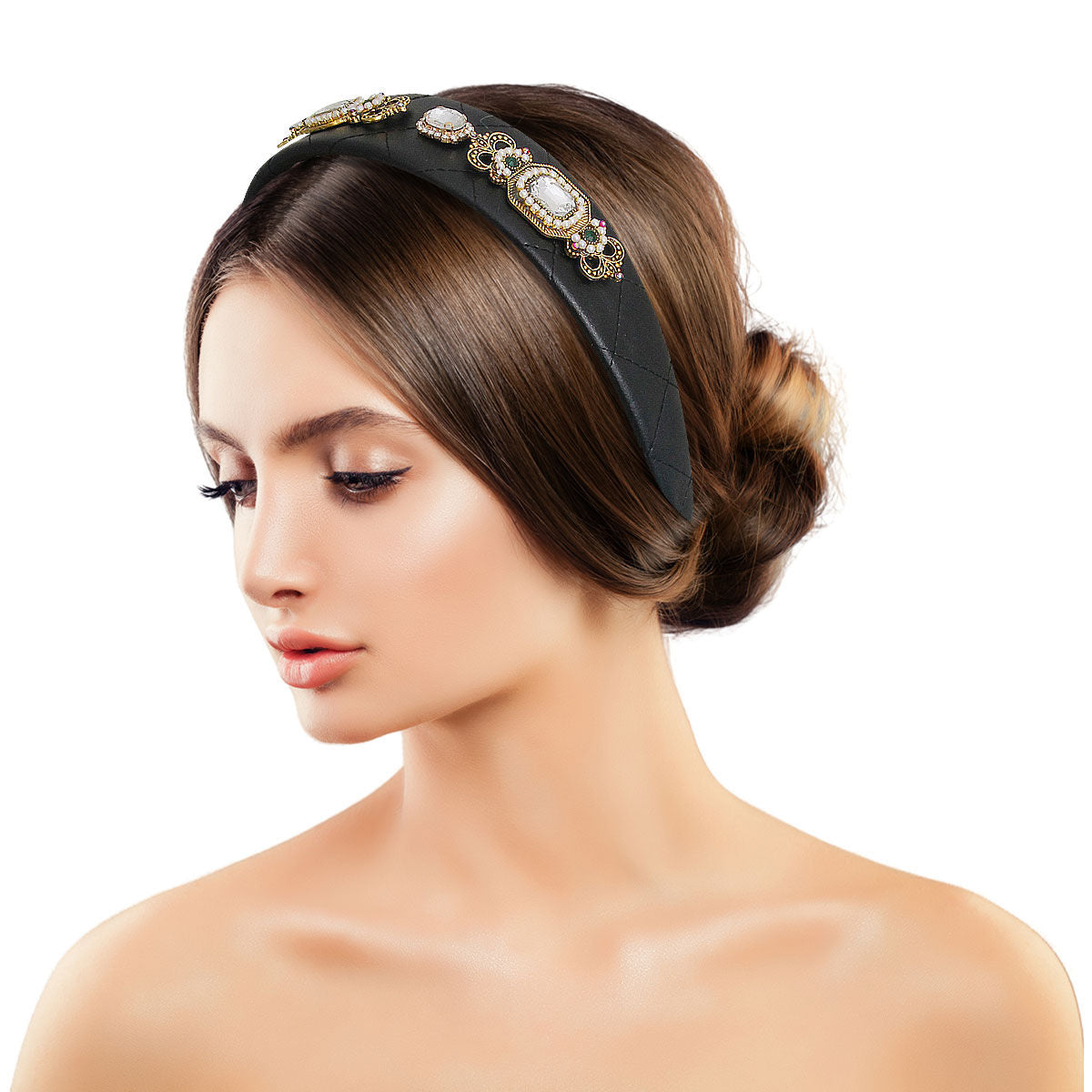Fashion Headband Black Vegan Leather Crystal Stylish Statement Accessory
