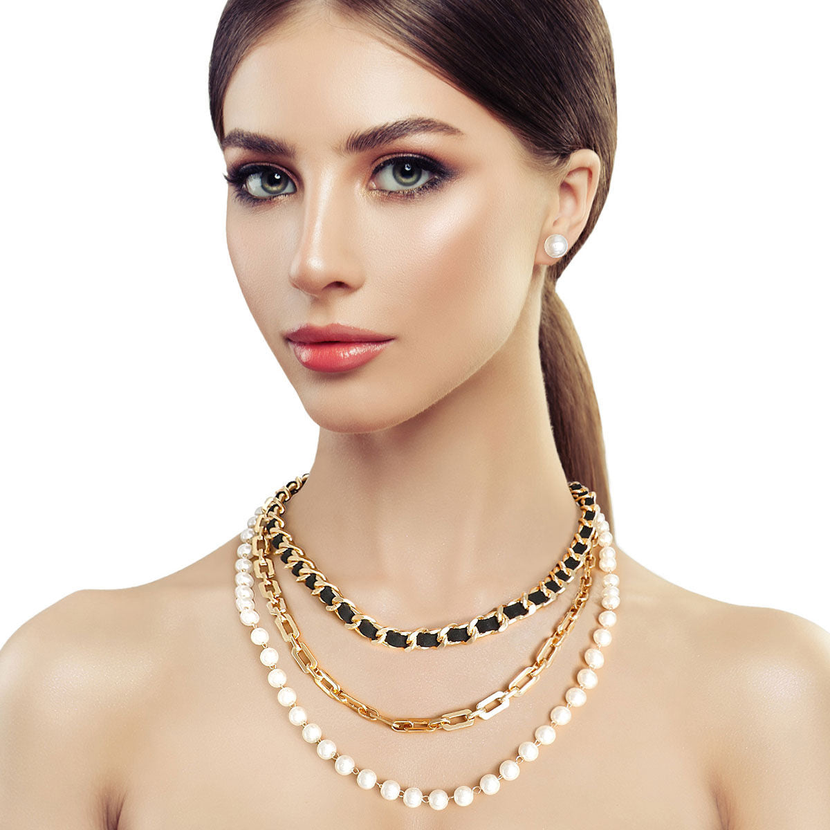 Layered 3-Layer Gold Chain and Pearl Statement Necklace, Trendy Chic Jewelry