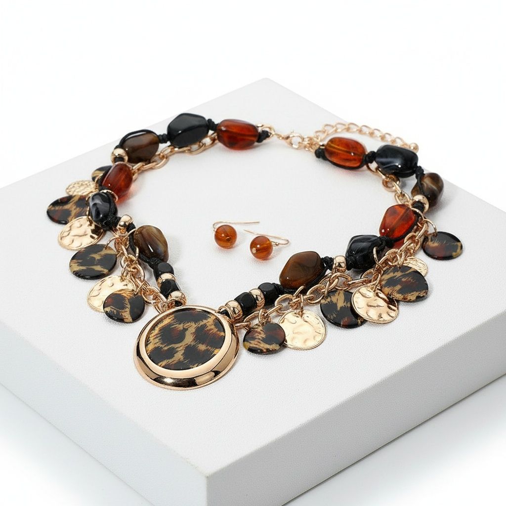 Statement Leopard Gold Disc Pendant Necklace Stylish Artisan Jewelry