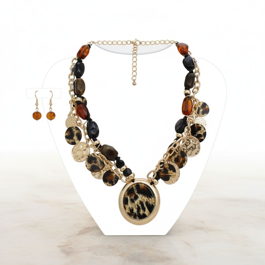 Statement Leopard Gold Disc Pendant Necklace Stylish Artisan Jewelry