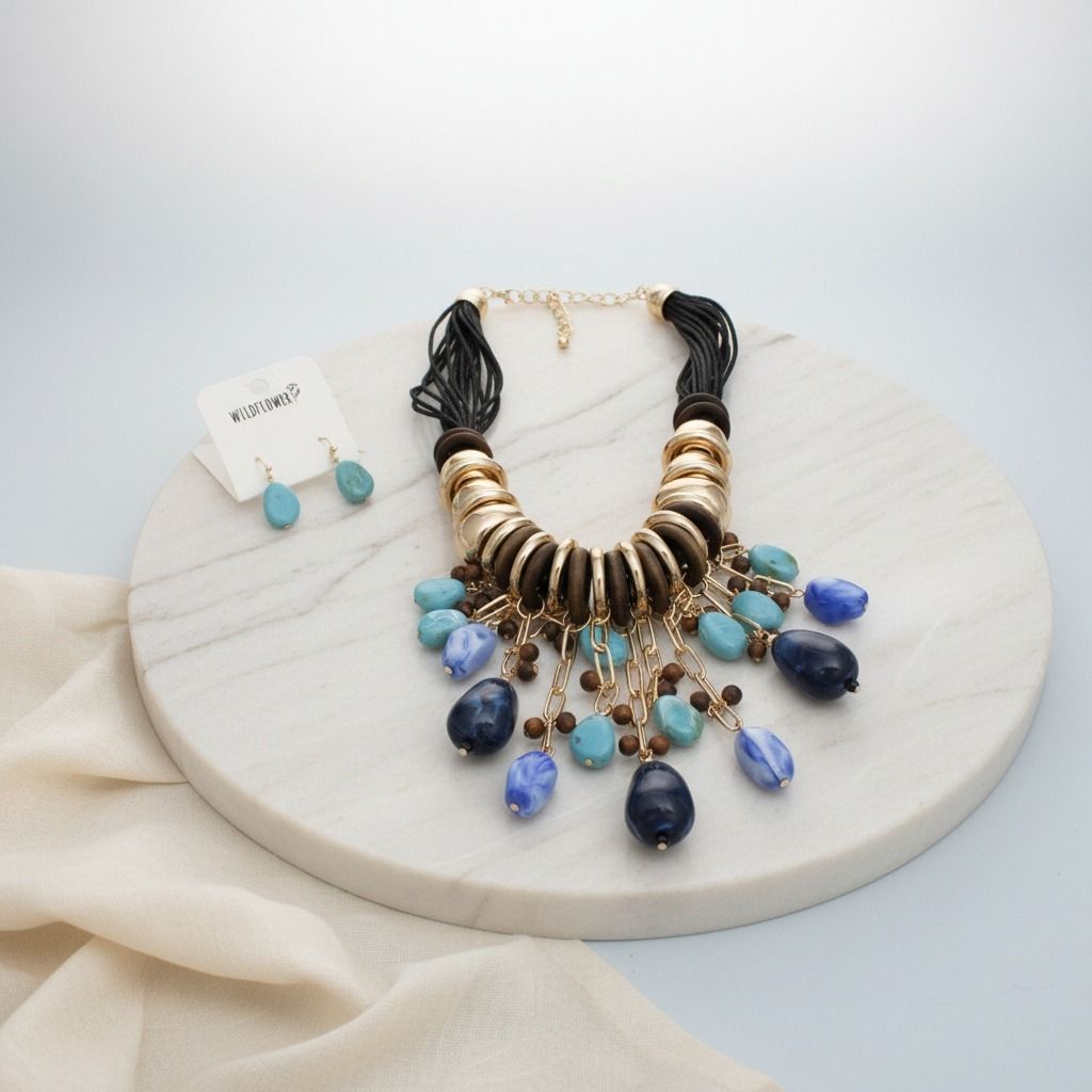 Leather Statement Necklace with Beaded Blue Stone – Trendy Artisan Jewelry
