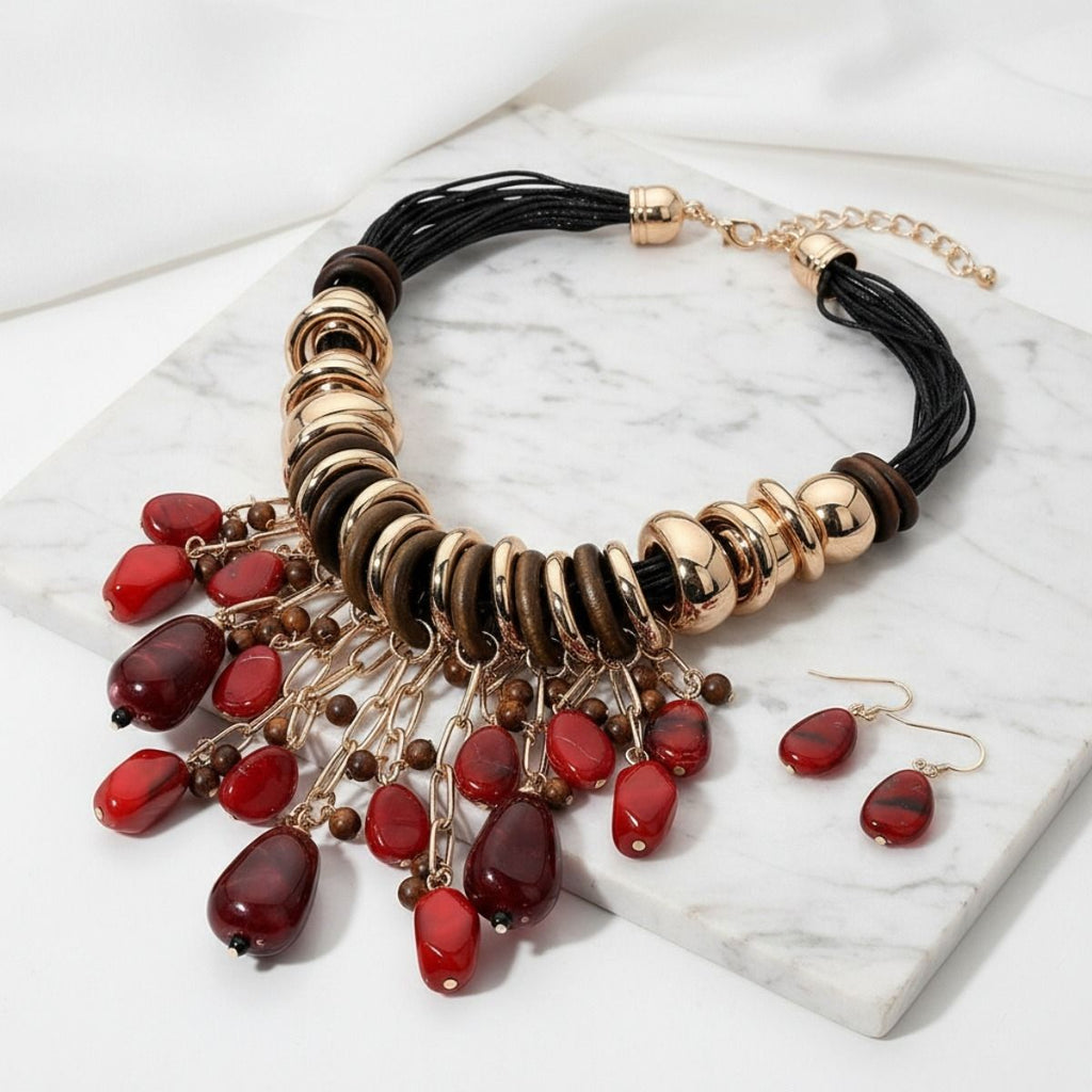 Leather Statement Necklace with Red Beaded Stone – Trendy Artisan Jewelry