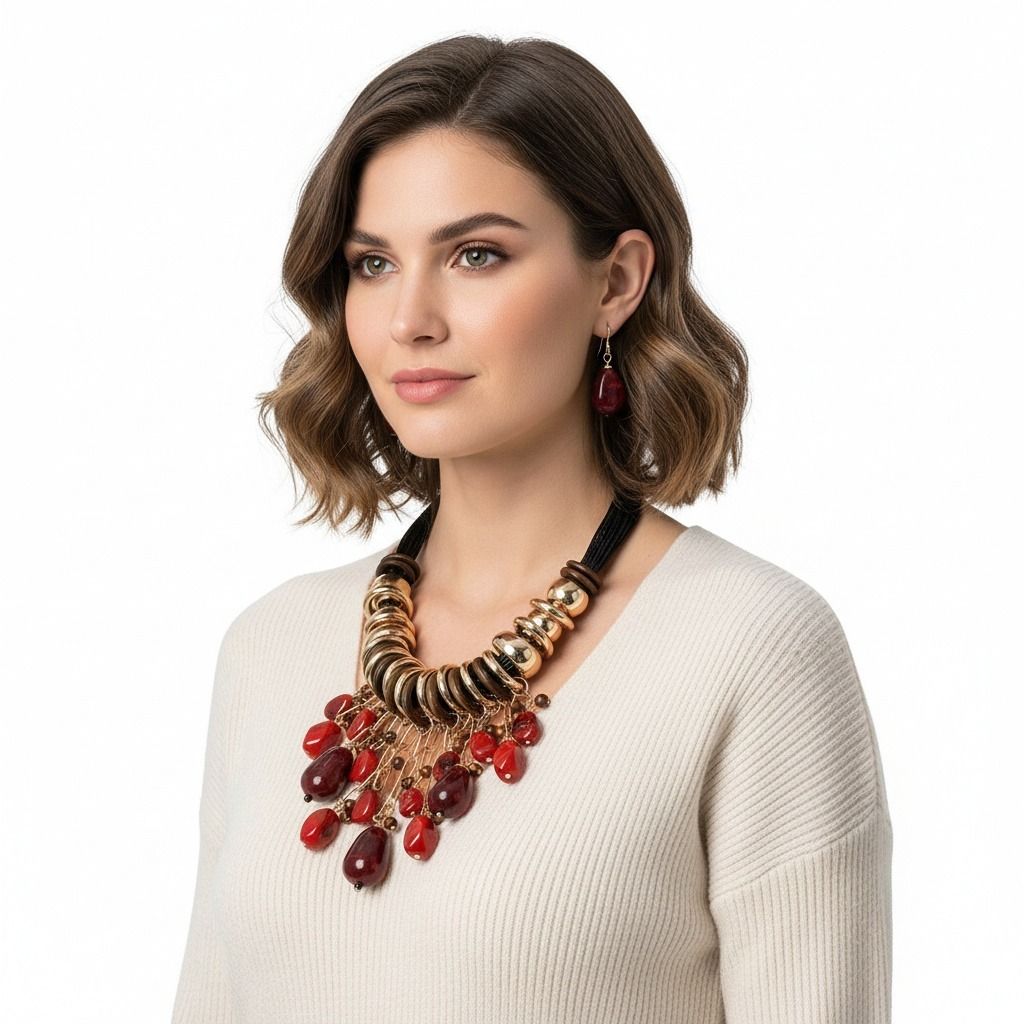 Leather Statement Necklace with Red Beaded Stone – Trendy Artisan Jewelry