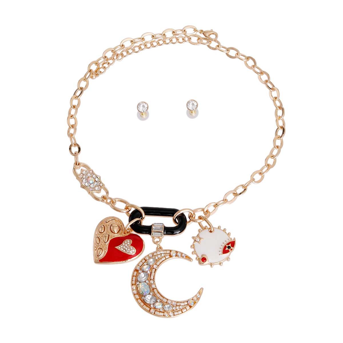 Charm Chain Necklace with White Moon and Heart Pendant, Trendy Jewelry Accessory