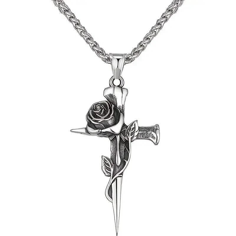 Vintage-Inspired Men's Titanium Steel Pendant Necklace - Unique Keel Chain Design with Cross and Rose Accents