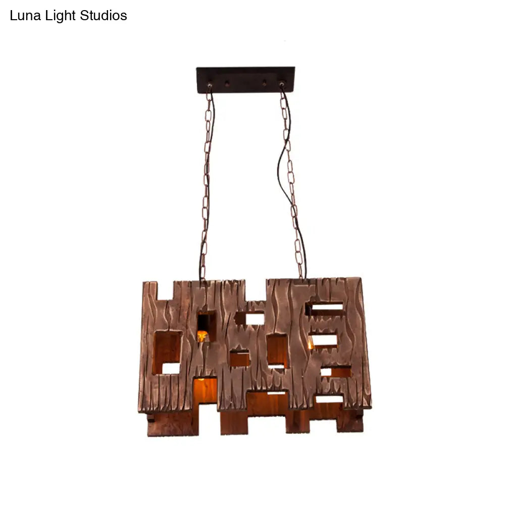 DecorBites™ Wooden Rectangle Restaurant Island Chandelier Pendant with Hollow Out Design - Brown, 2/3 Bulbs, Countryside Style