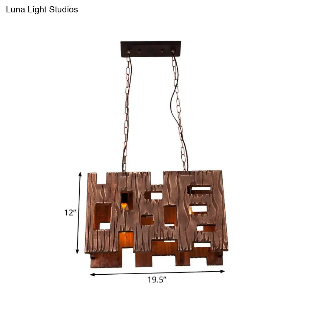 DecorBites™ Wooden Rectangle Restaurant Island Chandelier Pendant with Hollow Out Design - Brown, 2/3 Bulbs, Countryside Style
