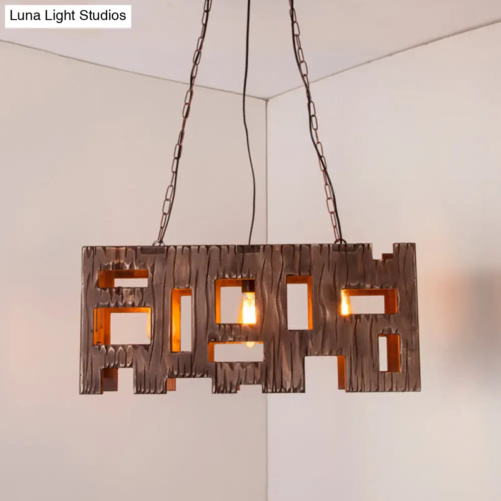 DecorBites™ Wooden Rectangle Restaurant Island Chandelier Pendant with Hollow Out Design - Brown, 2/3 Bulbs, Countryside Style