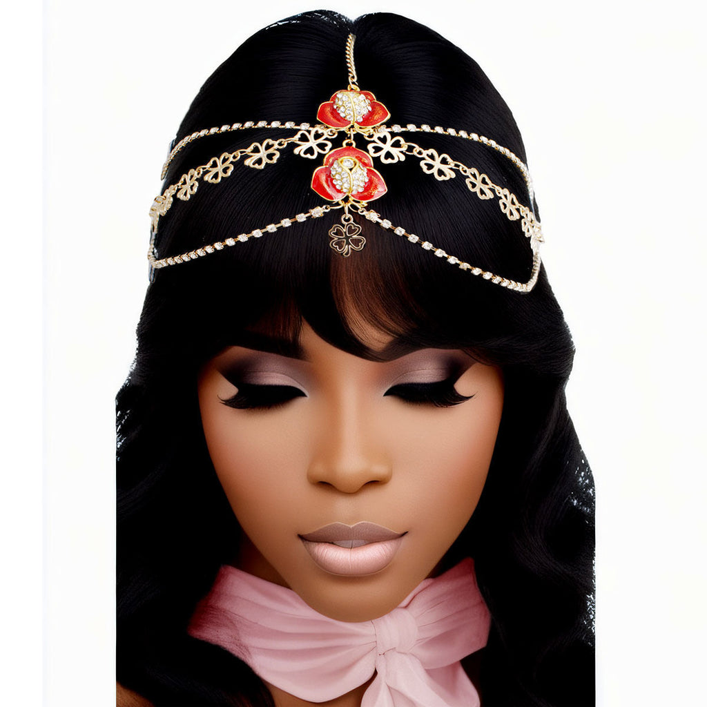 Statement Flower Head Chain with Gold and Red Clear Crystals, Stylish Fashion Jewelry
