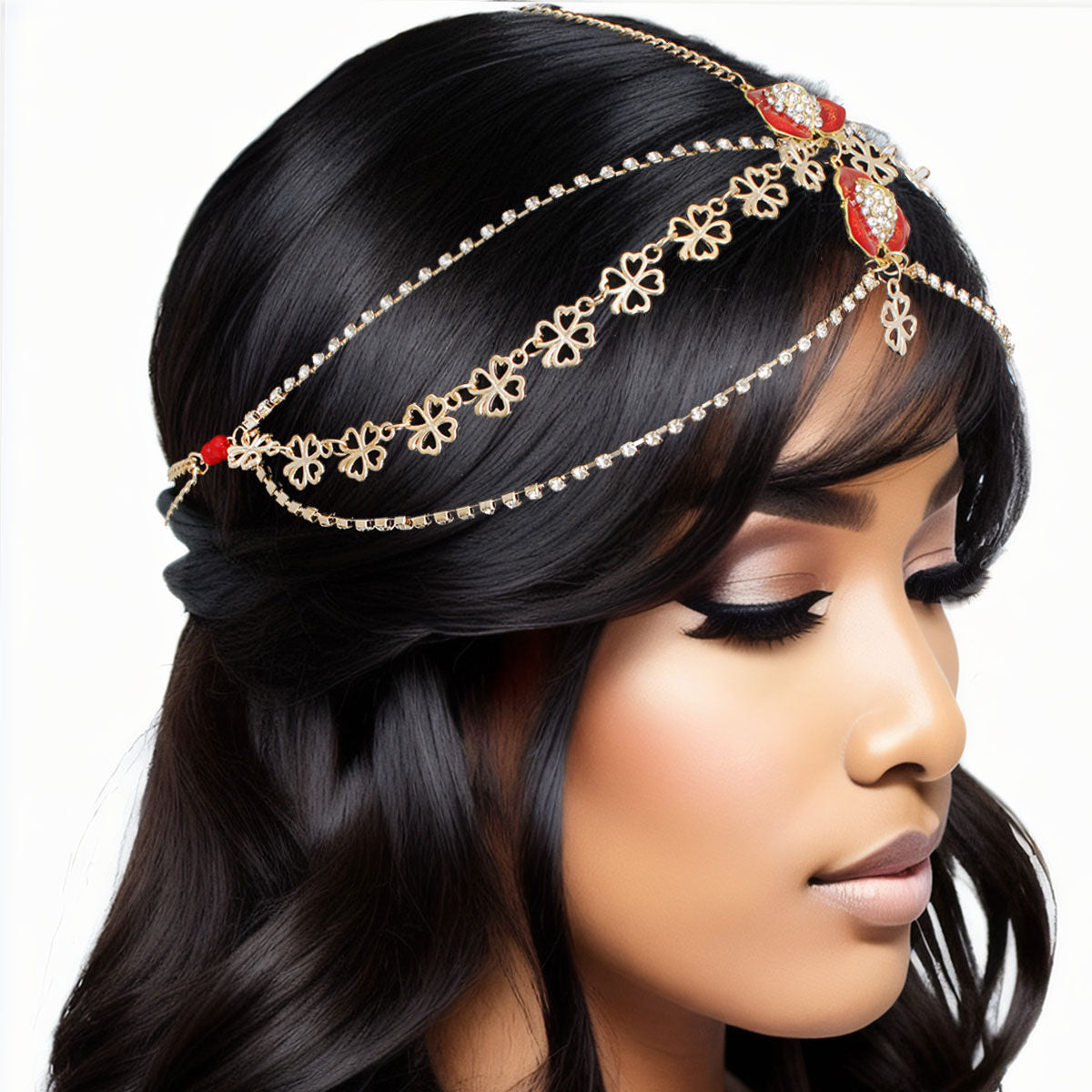 Statement Flower Head Chain with Gold and Red Clear Crystals, Stylish Fashion Jewelry